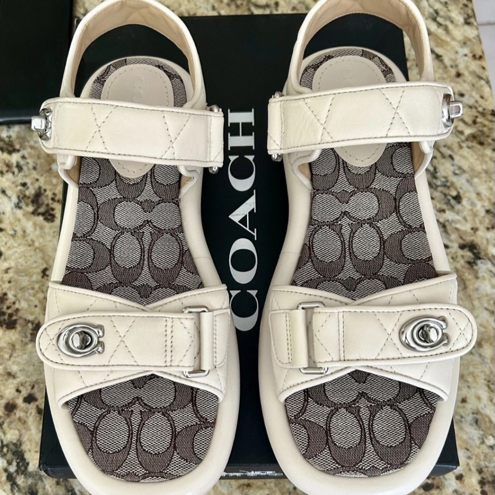 Coach Peyton Double Buckle Flatform sandals Chalk Leather SZ 8 B